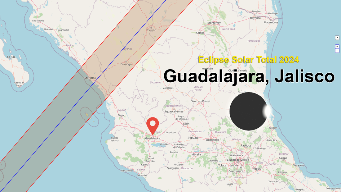 Mapa de la trayectoria del eclipse solar 2024 en Guadalajara, Jalisco