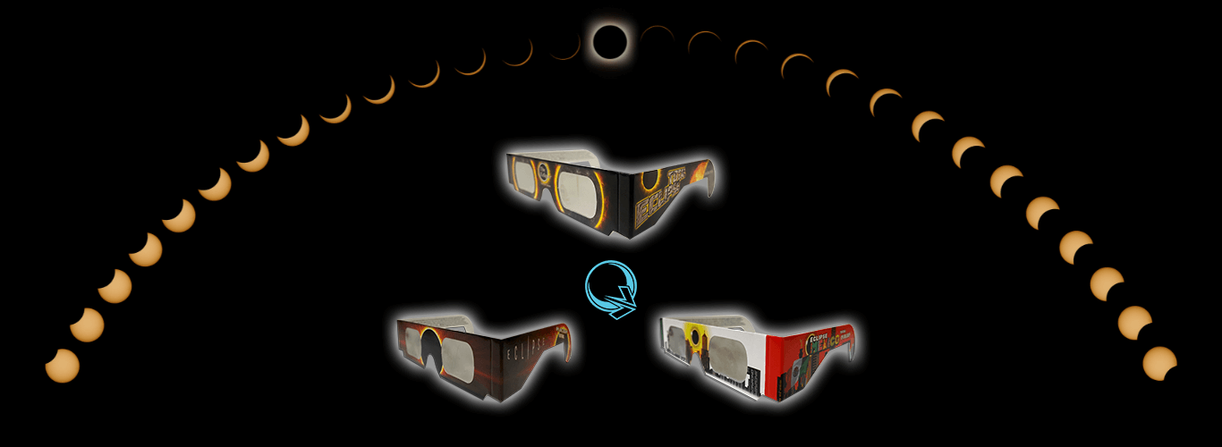Coleccion de lentes para eclipse solar total certificados ISO y CE de Eclipsevision en el centro con un arco de las fases del eclipse