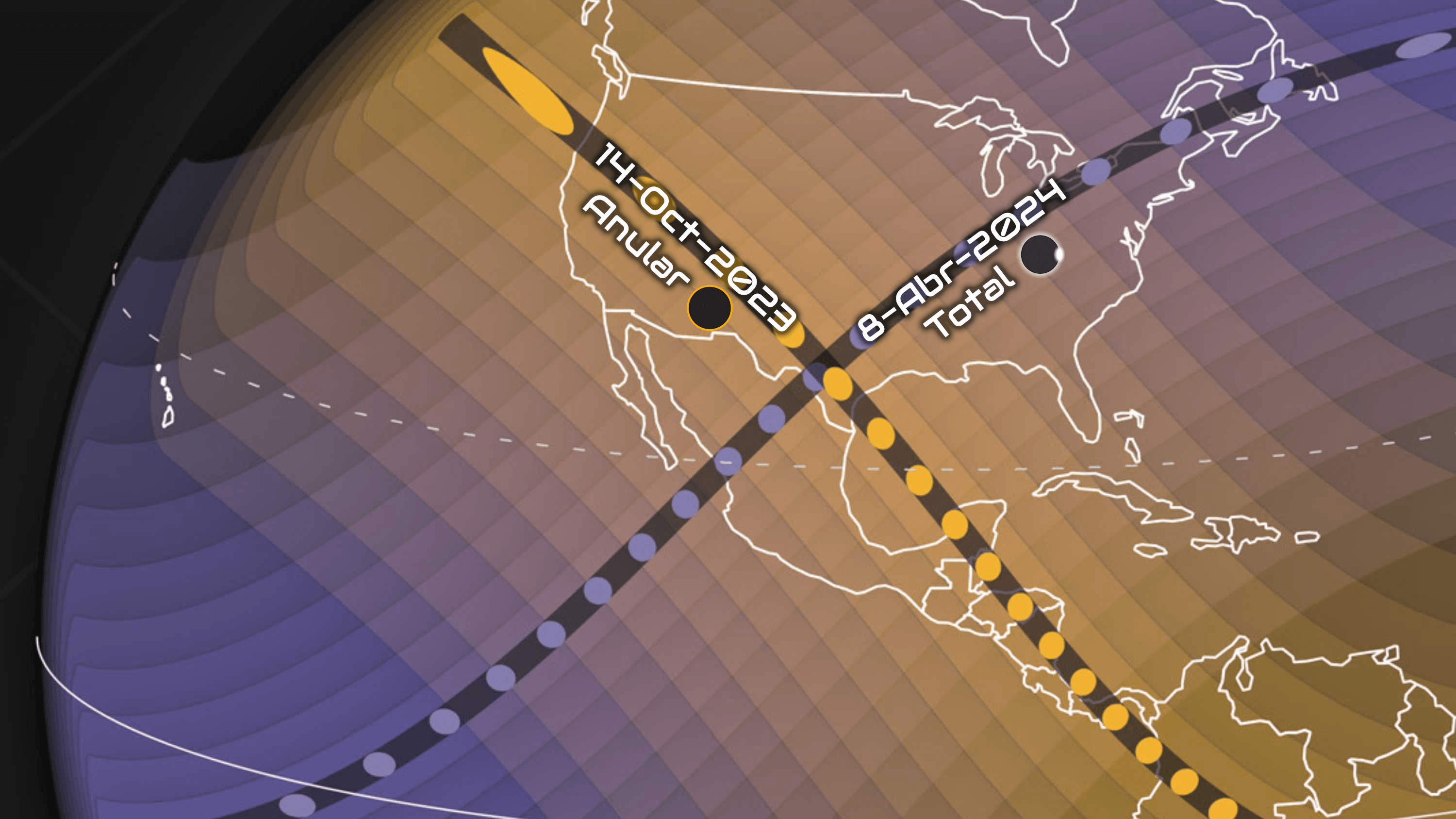 Mapa de la trayectoria del eclipse solar total 2024 y eclipse solar anular 2023 en Mexico